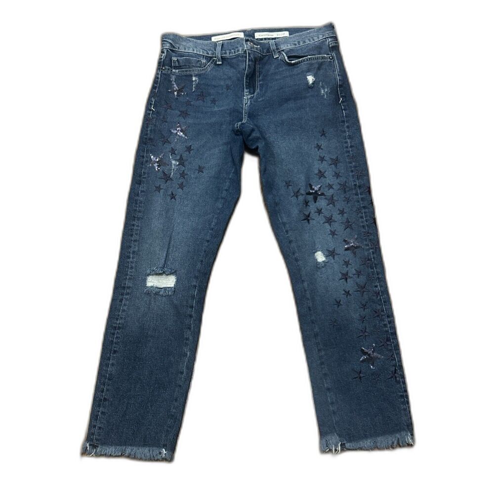 Pilcro Jeans Womens 27 Slim Boyfriend Cropped Raw Hem Embroidered Sequin Stars